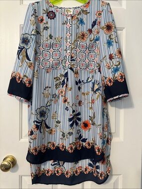 fig and flower Striped Tunic with Navy, Coral & Light Blue Floral Print